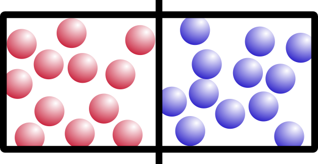 A rectangular box with a solid line drawn down the center. There are 12 red spheres on the left and 12 blue spheres on the right.