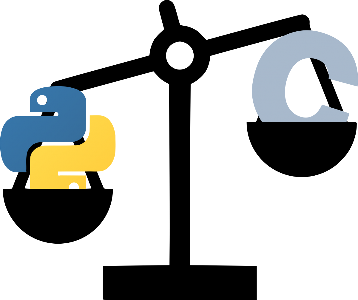 A silhouetted scale with two baskets is depicted. The leftmost basket is lower and contains the Python logo: blue and yellow intertwined snakes. The right basket is higher and contains the C logo, a light blue letter 'C'.
