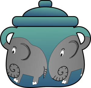 A cookie jar with two elephants. The jar is turquoise and blue and has two handles.
