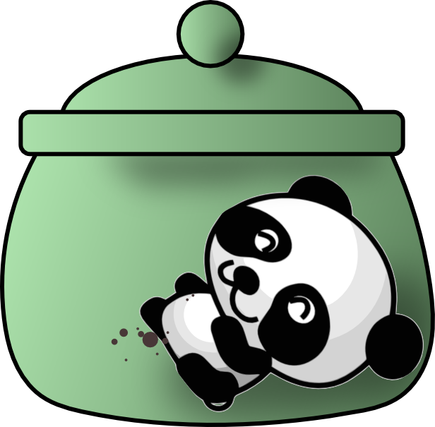A cookie jar with a happy panda. The panda is covered in crumbs. The jar is a light green color.